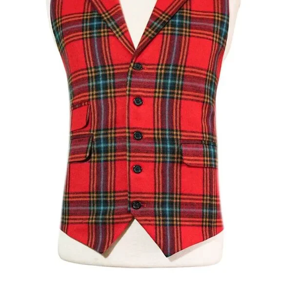 Mens 46R Red Blue Orange Wool Plaid Waistcoat Vest Formal Wedding Preppy Casual